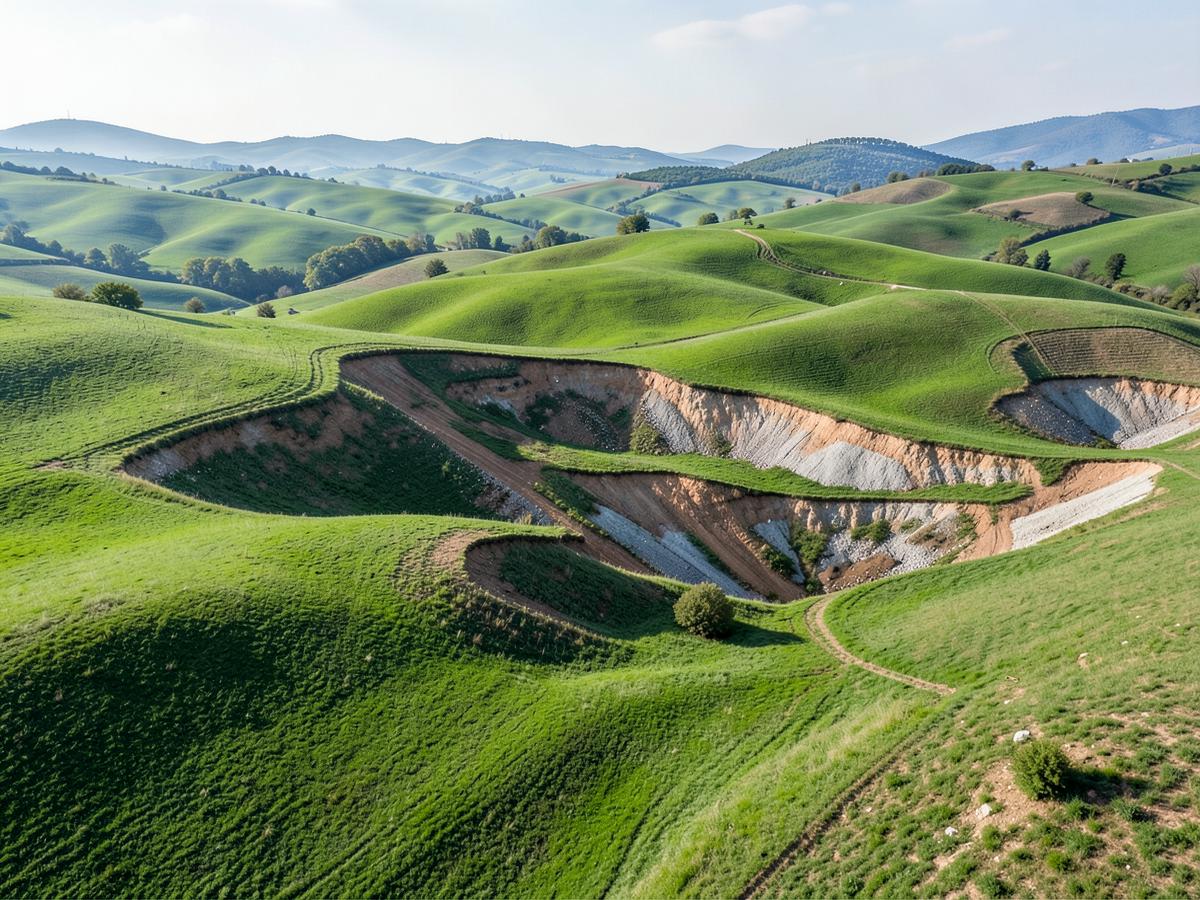Colline verdi con strati di terreno e roccia